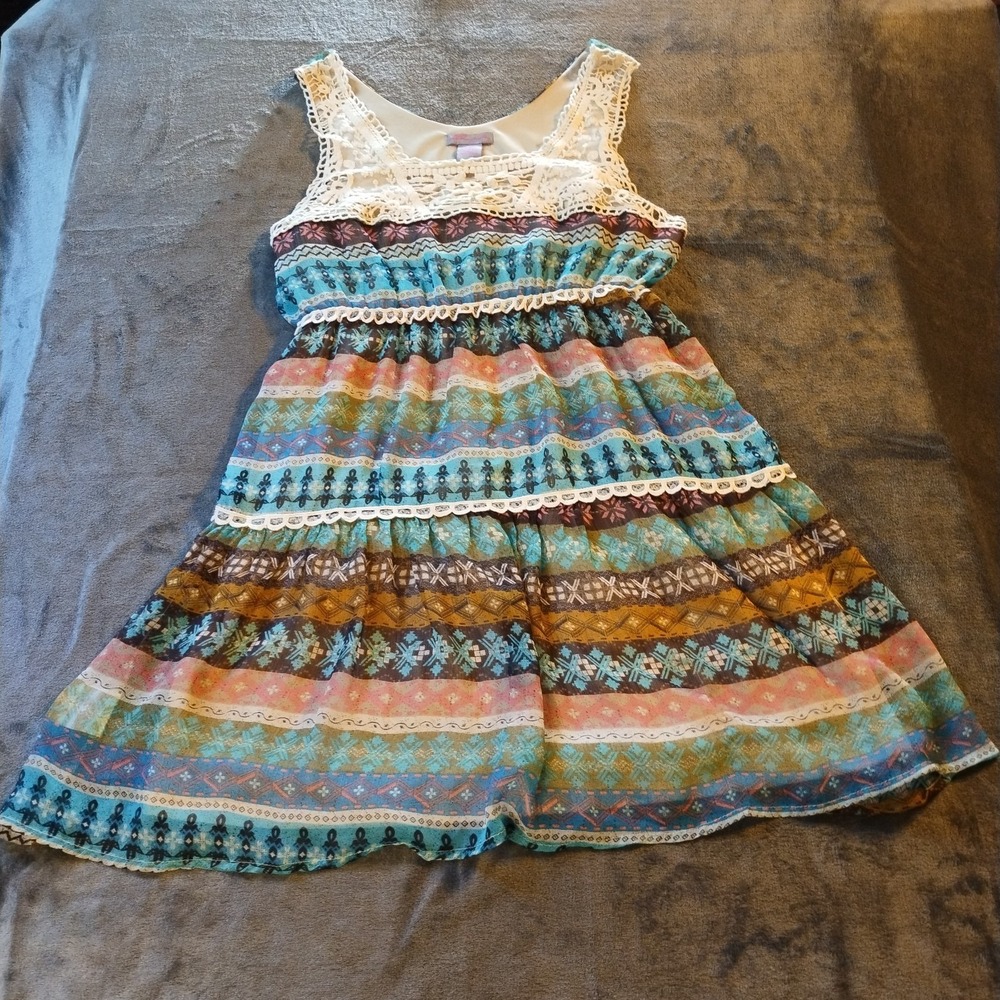 Ultra Pink Mini Dress‎ Blue Sz L Crochet Cottagecore Festival Hippie Romantic
